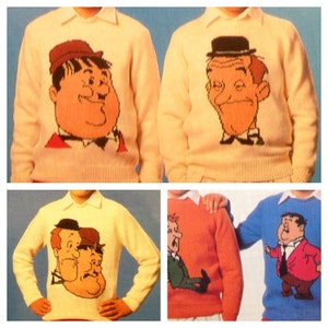 May include: Four different sweaters with cartoon images of Laurel and Hardy. The sweaters are in various colors, including white, orange, blue, and yellow.