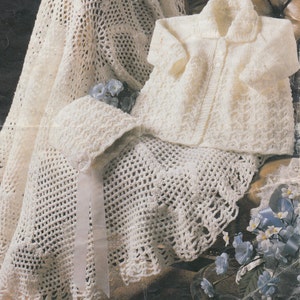 vintage baby knitting and crochet pattern knit matinee coat and bonnet and round crochet shawl