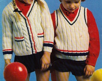 vintage knitting pattern for boys and girls sporty cardigan and tank top with stripes and cables