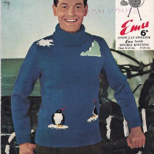 May include: A vintage blue knitted sweater with a roll neck. The sweater has white cloud and green mountain designs on the shoulders, and two penguin designs on the front. Chest size is 79-104 cm.
