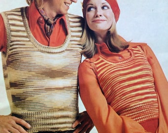 vintage knitting pattern 1970s tank top vests for men and women 32-42 inch chest his and hers