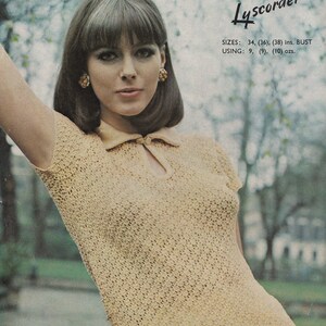 May include: A vintage magazine cover featuring a woman wearing a light yellow knitted top with a keyhole neckline and short sleeves. The top is part of a knitting pattern, as indicated by the text "KNITTED IN TWILLEY'S" and "Lyscordet". The bust sizes are 34, (36), (38) inches.