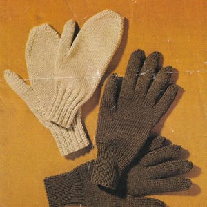 May include: Two pairs of knitted gloves and mittens. One pair of mittens is a light beige colour, and the other pair of gloves is a dark brown colour. The gloves have individual fingers, while the mittens have a single compartment for the fingers and a separate thumb.
