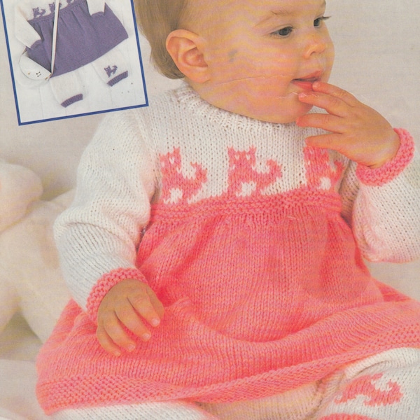 baby knitting pattern PDF girls cat dress and pants double knitting 16" to 22"