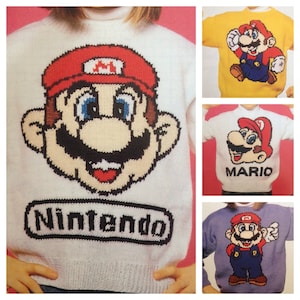 Super Mario knitting pattern sweaters for children and adults dk or 4 ply intasia charts vintage character knitting