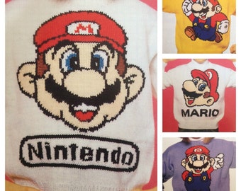 Super Mario knitting pattern sweaters for children and adults dk or 4 ply intasia charts vintage character knitting