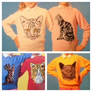 Modèle de tricot PDF pour chandails de chat en intarsia pd ou fil 4 fils, enfants à adultes de 24 à 44 pouces de poitrine
