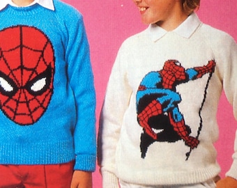 Spiderman knitting pattern sweaters for children and adults dk or 4 ply intarsia charts vintage character knitting