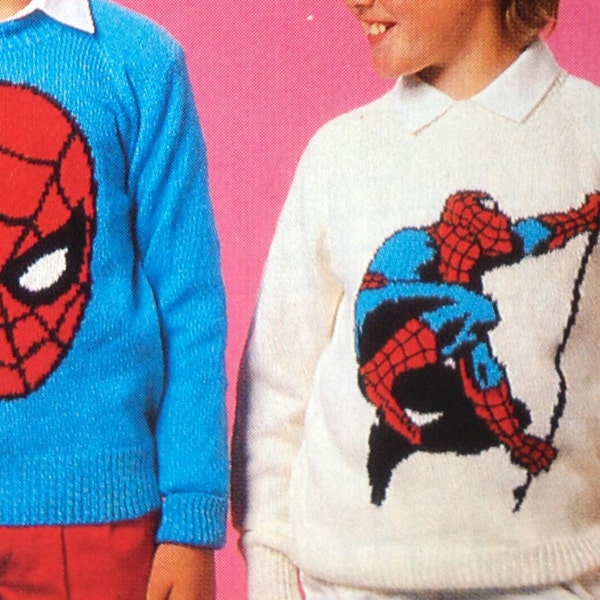 Spiderman knitting pattern sweaters for children and adults dk or 4 ply intarsia charts vintage character knitting