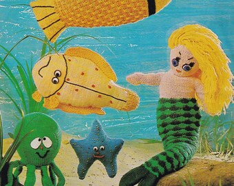 vintage toy knitting pattern for mermaid doll and fish underwater scene with crab, octopus, seahorse, eel, starfish toys, DK 8 ply, PDF