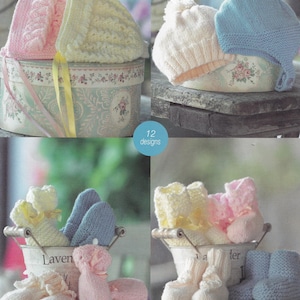 May include: Four sets of knitted baby booties in pink, blue, white and yellow. The booties are displayed in two metal buckets with the words "Lavender" and "Butter" visible. The image also shows two sets of knitted baby hats in pink, blue, white and yellow. The hats are displayed in two boxes with floral patterns.