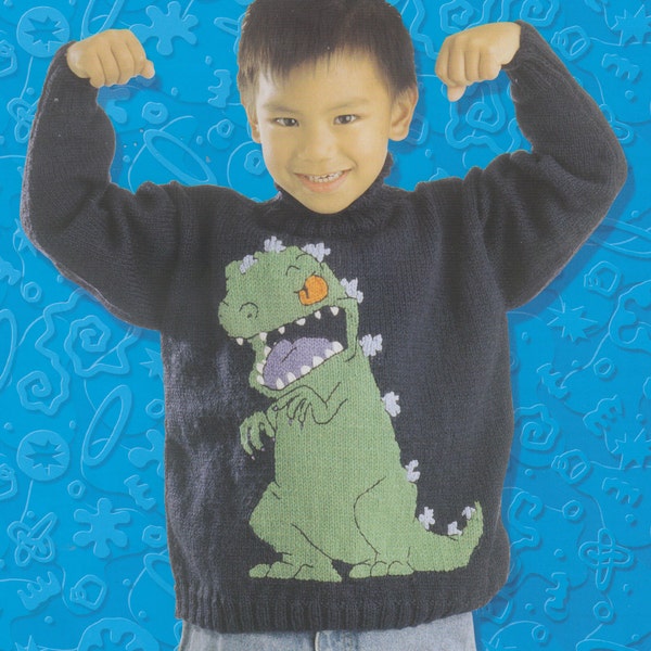 dinosaure pull tricot patron PDF vintage instarsia graphique pull pull pour enfant Razmoket T Rex Reptar