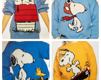 snoopy knitting pattern sweaters for children and adults dk wool intarsia charts vintage character knitting