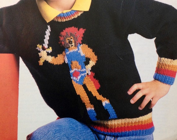 thundercats knitting pattern lion o sweater and pompom hat 26-32 inch chest  intarsia sweater double knitting