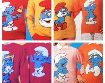 the smurfs knitting pattern sweaters for children and adults dk or 4 ply intarsia charts vintage character knitting