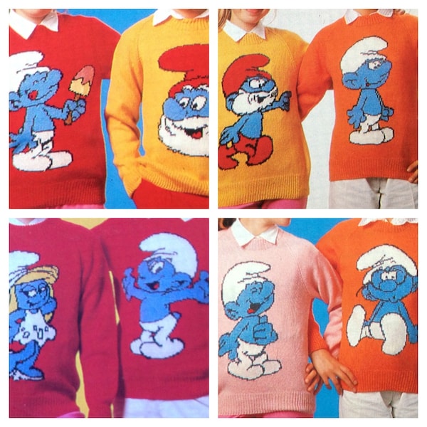 the smurfs knitting pattern sweaters for children and adults dk or 4 ply intarsia charts vintage character knitting