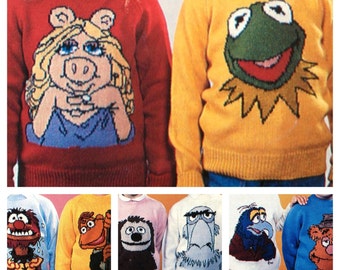 The Muppets knitting pattern for sweaters to fit child to adult in dk or 4 ply yarn 8 designs up to 44" chest