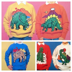 dinosaur jumper knitting pattern sweaters for children and adults dk or 4 ply intarsia charts vintage character knitting