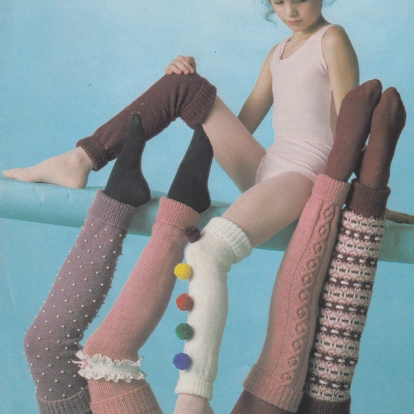 legwarmers knitting pattern vintage PDF in sizes toddler child adult patterned pompom cable womens