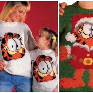 vintage knitting pattern Garfield character sweaters - kids and adult size - instant download PDF