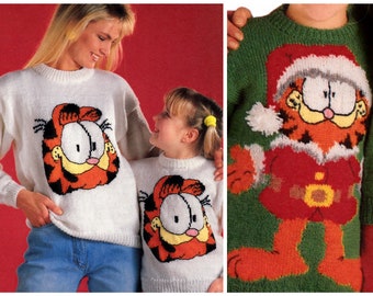 vintage knitting pattern Garfield character sweaters - kids and adult size - instant download PDF