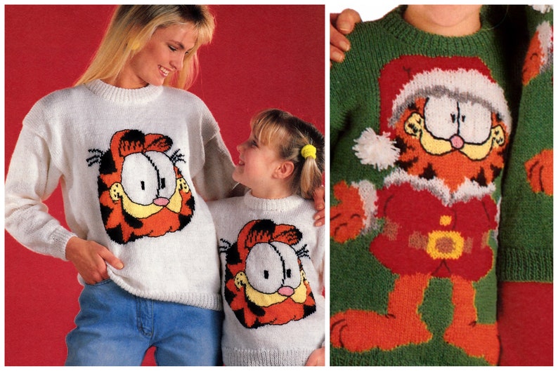vintage knitting pattern Garfield character sweaters kids and adult size instant download PDF image 1