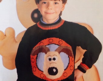 wallace and gromit knitting pattern childs jumper 26-36 inch chest age 6 to 13 intarsia sweater