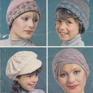 May include: Four different knitted hats in various colors and styles. The hats are shown on models with different hair colors and styles.