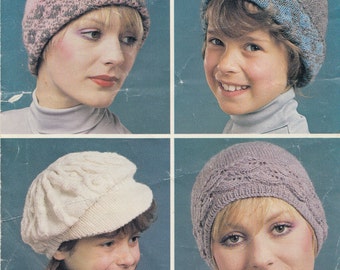 vintage knitting pattern for fairisle pompom hats peak cap lace beanie children boy girl woman double knit