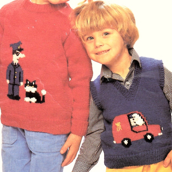 PDF vintage knitting pattern childs postman pat sweater and tank top 20-28 inches