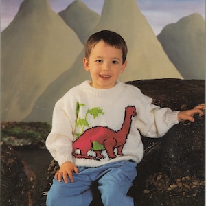 dinosaur jumper knitting pattern PDF vintage instarsia chart jumper sweater for child double knit