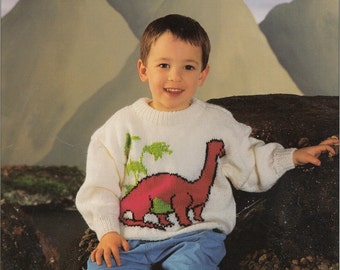 dinosaur jumper knitting pattern PDF vintage instarsia chart jumper sweater for child double knit