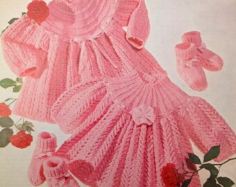 vintage PDF knitting pattern for baby dress and booties in sizes 16 18 and 20 inch dk yarn