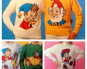 vintage noddy knitting pattern intarsia chart jumper sweater children and adults dk or 4 ply yarn