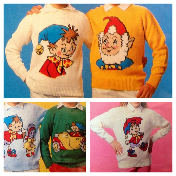 vintage noddy knitting pattern intarsia chart jumper sweater children and adults dk or 4 ply yarn