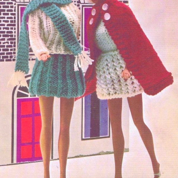 vintage dolls clothes knitting pattern Sindy Barbie cape scarf hat brief skirt