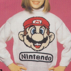Super Mario knitting pattern sweaters for children and adults dk or 4 ply intasia charts vintage character knitting