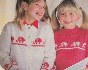 vintage knitting pattern PDF for childrens jumper and cardigan with intarsia elephant design