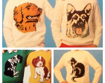 PDF knitting pattern for instarsia picture dog sweaters 5 designs dk or 4 ply children and adults sizes