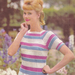 vintage knitting pattern for ladies short sleeved sweater top in 4 ply, 34 to 38 inch chest, PDF instant download