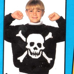 vintage knitting pattern for pirates skull and crossbones sweaters in child to adult size, intarsia charts plus jumper, PDF download
