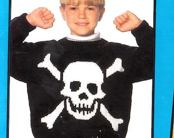 vintage knitting pattern for pirates skull and crossbones sweaters in child to adult size, intarsia charts plus jumper, PDF download