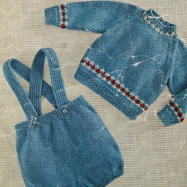 vintage knitting pattern for baby short dungarees romper suit and sweater