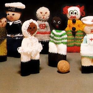 vintage toy knitting pattern little dolls sailor, knight, football player, soldier, nurse, pirate, Eskimo and more, PDF download