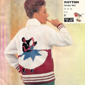 May include: A white knitted sweater with a red, white, and blue design of a woman dancing. The sweater has a red, white, and blue striped hem. The sweater is for sizes 32-34-36 bust. The pattern is called "Rhythm" and is from Robin 178.