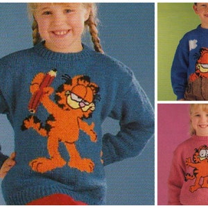 vintage knitting pattern for childrens Garfield character sweaters - instant download PDF