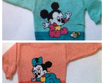 mickey and minnie mouse knitting pattern childs jumper ages 2-5 intarsia sweaters in 4 ply