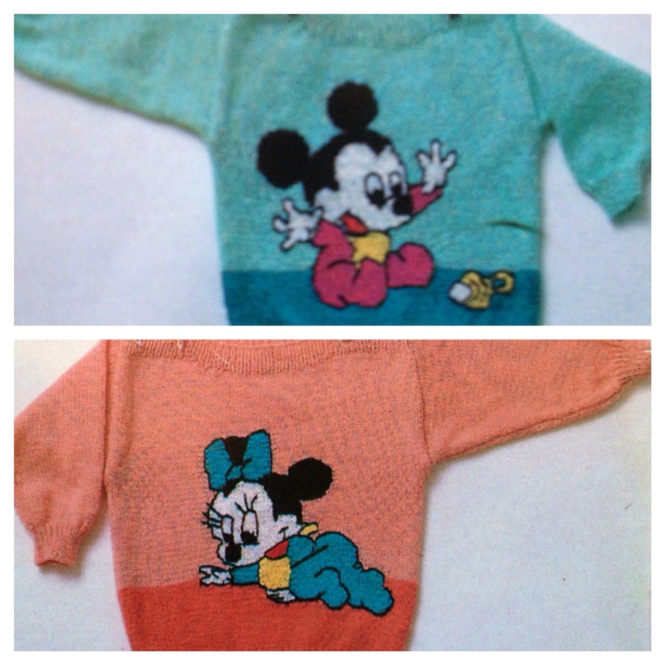 mickey and minnie mouse knitting pattern childs jumper ages 2 5 intarsia sweaters in 4 ply