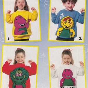 Barney the dinosaur knitting pattern sweaters for children and adults DK intarsia charts vintage character knitting 22 to 40 inch chest