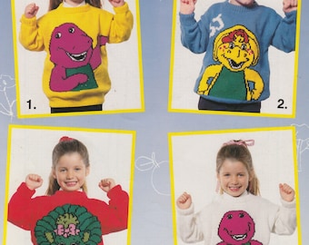 Barney the dinosaur knitting pattern sweaters for children and adults dk or 4 ply intasia charts vintage character knitting